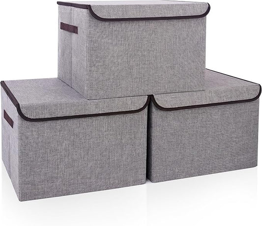 Bagnizer Large 17" 42 Quarts Collapsible Stackable Storage Bins with Lids [3-Pack] Foldable Fabric Linen Storage Boxes Cube, Closet Organizer Baskets with Label for Home (16.7 x 12 x 12, Gray)