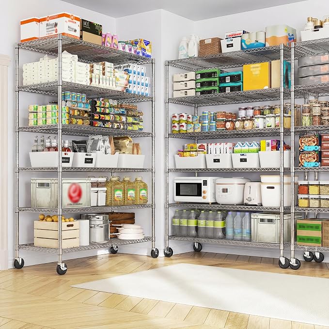 Romorgniz 6-Tier Rolling Storage Shelves with Locking Wheels, Chrome, 2PC | Heavy duty 6-tier wire shelving unit, 1200lbs capacity, Adjustable shelves, Rust-proof chrome, For pantry, kitchen, basement