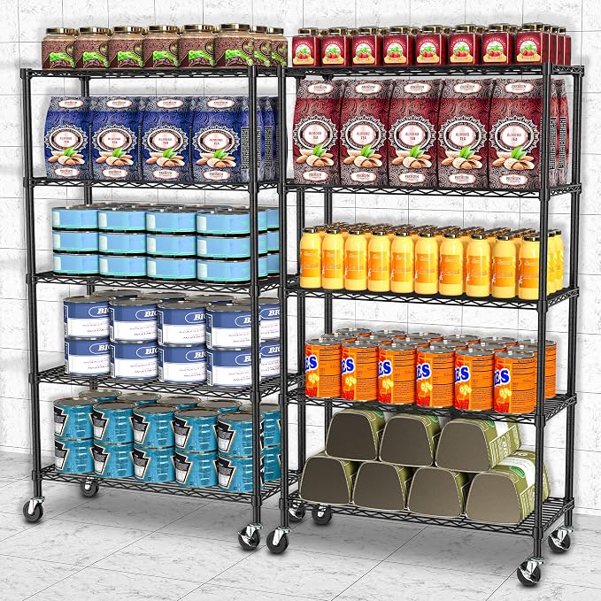 5 Tier Metal Shelving Unit Wire Storage Shelf with Wheels(14D x 36W x 75H) | Rolling Shelf Adjustable Utility Storage Rack Heavy Duty Wire Shelving Organizer for Kitchen Pantry Garage Basement, Black