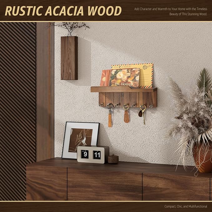 Rebee Vision Acacia Wood Key Holder Wall Mount for Home Decor, Brown | Decorative Mail Organizer, 7 Key Hooks, Mail Sorter , Wall Shelf, Rustic Room Decor, Apartment Essentials, Entryway Storage