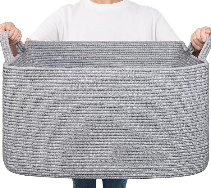 Goodpick Large Toy Storage Basket, Woven Rope Organizer, Gray | 21.6 x 14.9 x 11.8 in, Reinforced Handles, Living Room, Bedroom & Nursery Organization, Toys, Blankets & Towels Storage