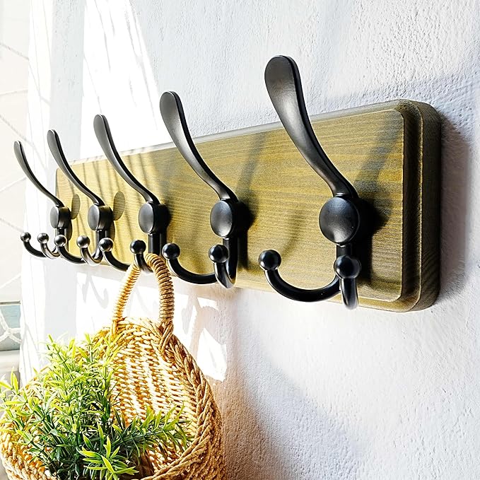 Wall Mount Coat Hanger - Heavy-Duty Robust Barnwood-Style Wooden Hook Rail with 5 Triple Hooks for Winter Coats, Hats, Jackets, Weathered Green & Black