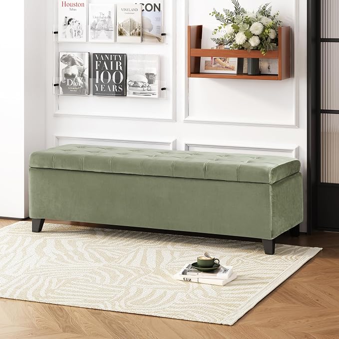 Upholstered Storage Ottoman Bench, End of Bed Bench with Storage Chest, Foldable Foot Rest with Legs for Living Room, Bedroom, Entryway, Dark Gray (Pale Green)