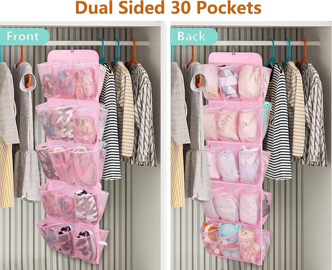 MISSLO 30 Large Pockets Dual Sided Hanging Shoe Organizer for Closet with Rotating Hanger Hanging Shoe Shelves, Pink