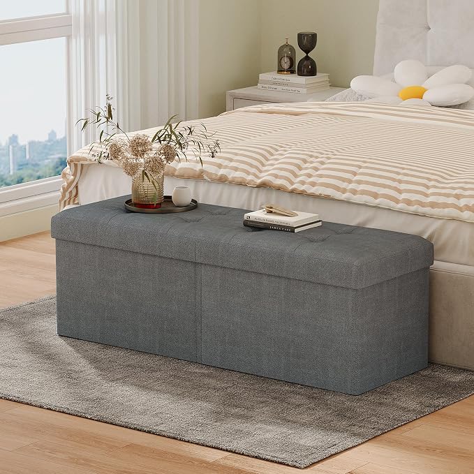 31.5 Inch Foldable Storage Ottoman Bench for Bedroom, Gray | Foldable Footstool, Multi-Functional Foot Rest, End of Bed Bench, Large Hidden Storage Space, Storage Chest For Living Room