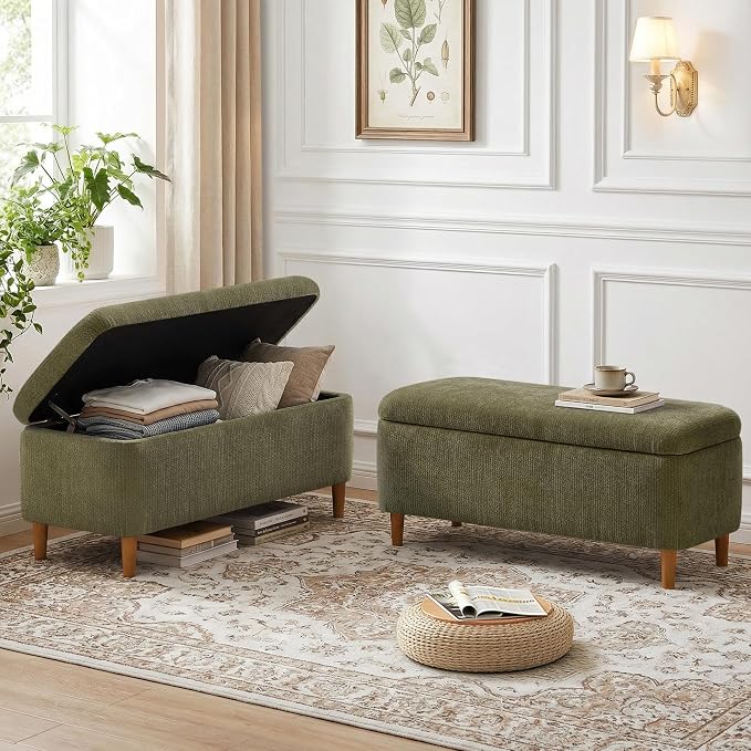 39.4”Ottoman with Storage Set of 2,Upholstered Comfy Storage Bench Ottoman with Wooden Legs,End of Bed Bench Footstool for Hallway Entryway Bedroom Living Room Corner Green