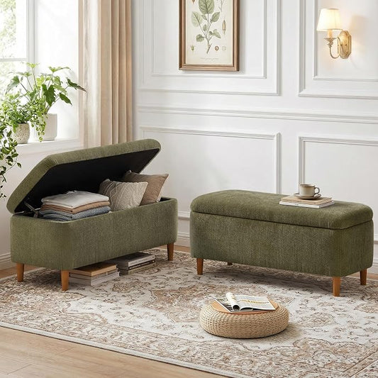 39.4”Ottoman with Storage Set of 2,Upholstered Comfy Storage Bench Ottoman with Wooden Legs,End of Bed Bench Footstool for Hallway Entryway Bedroom Living Room Corner Green