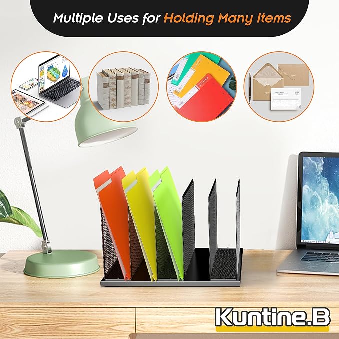 Kuntine.B Desk File Organizer Upright Mesh Desktop Organizer File Sorter Office Organization File Holder for Home, Office & Classroom (Black, 1 Pack 5-Section)