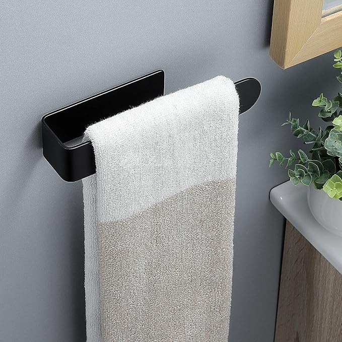 Taozun Hand Towel Holder Black - Self Adhesive Towel Bar Stainless Steel | Strong Sticky, Rustproof, Compact 7.9 inch, Perfect for Bathroom/Kitchen/Renter/Apartment/RV, No Drill, Without Damaging Wall