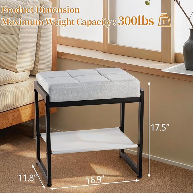 Vanity Stool, Vanity Chair Stools with a Lower Storage Shelf, Square Linen Upholstered Ottoman Bench for Bedroom, Living Room, Small Modern Metal Legs Makeup Chairs, Grey&Black