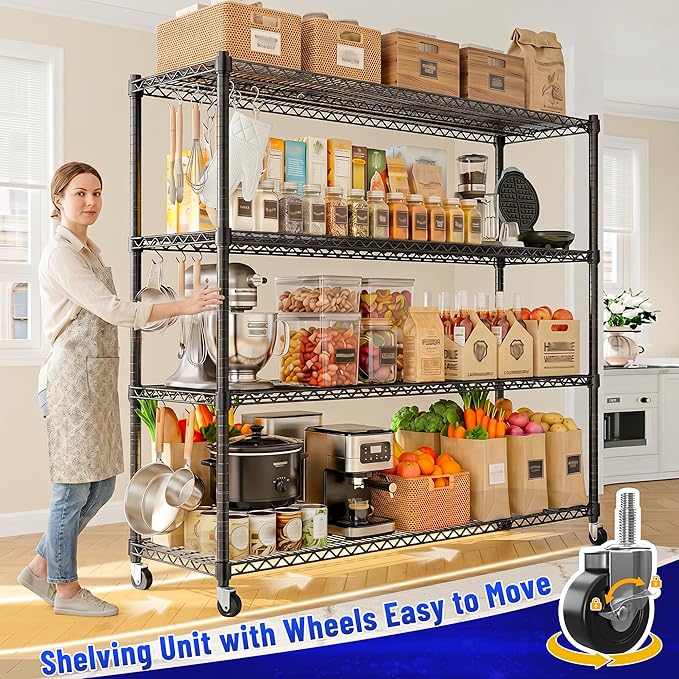 REIBII 4-Tier Heavy Duty Shelving with Wheels, 2480LBS Storage Shelf Rack | 1-inch (25.4mm) steel tube, industrial casters, lockable wheels, tool-free, rust-proof, garage, warehouse, pantry, commercial
