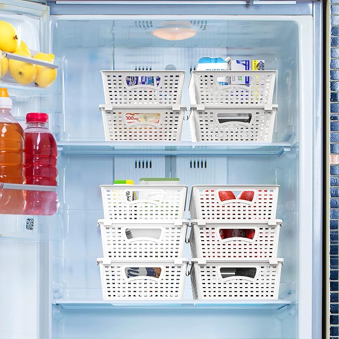 Simple Houseware Stackable Plastic Woven Basket Organizer, 6 Pack, White | 14.5" D x 8.5" W x 3.5" H