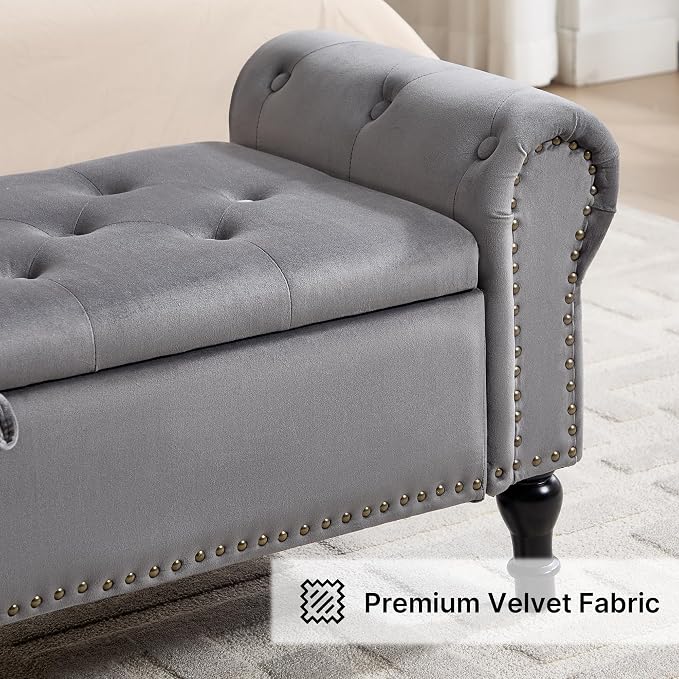 51" Storage Bench for Bedroom, Velvet End of Bed Bench, Queen Size Bench with Rolled Arms, Tufted Storage Ottoman Benches, Upholstered Bench for Bedroom, Living Room, Entryway, Grey
