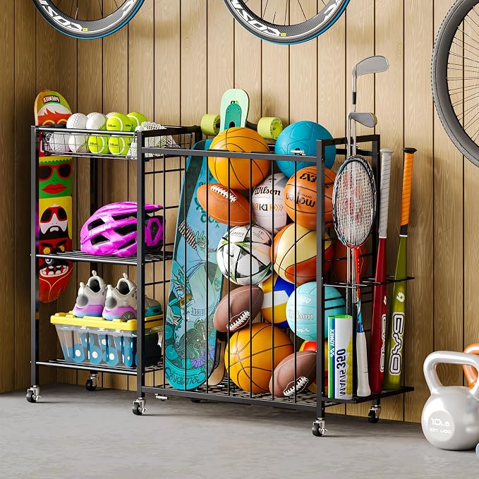 Ball Storage with Elastic Rope for Sports and Outdoors, Garage Organization with Wheels for Sports Gear and Toys, Large-Capacity Sports Equipment Organizer with Baseball Bat Holder and Basketball Rack