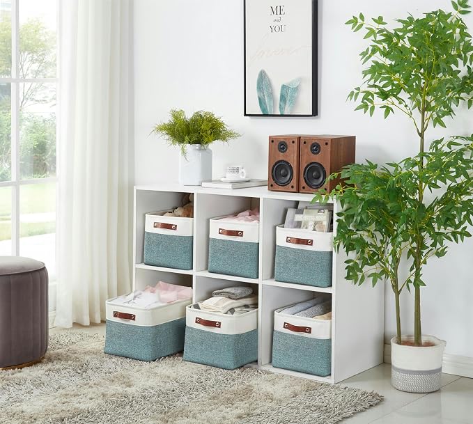 DECOMOMO Storage Bins, Extra Large Fabric Storage Baskets for Shelves 3Pack | 15.8 x 12.5 x 10 inches Decorative Linen Closet Organizers (Green & White)