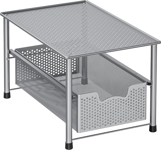 Simple Houseware Stackable Under Sink Sliding Basket Drawer, Silver | Perforated Free Standing Organizer, Kitchen/Pantry/Cabinet/Counter