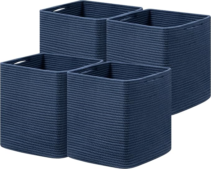 joybest 13inch Cube Storage Bins, Cotton Rope Woven Organizer Basket | Set of 4 Cube Bin Square Shelves Organizer Closet Storage, Nursery, Toy Organization, Navy Blue