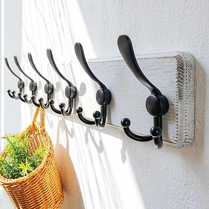 Coat Rack Wall Mounted - 24" Long 6 Tri Hooks, Heavy Duty Wooden Wall Coat Hanger Coat Hook for Clothes Hat Jacket Clothing, White and Black