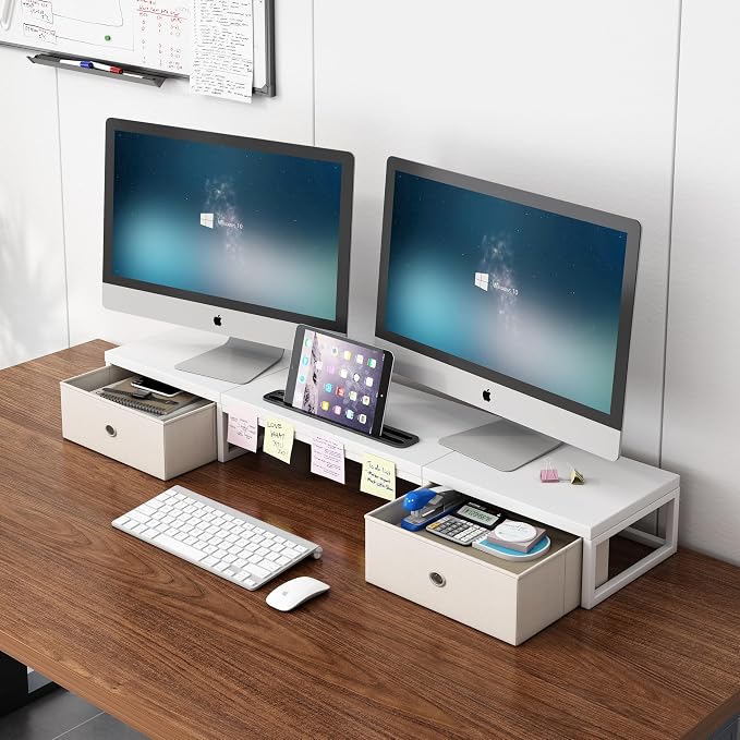 39 Inch Dual Monitor Stand Riser with 2 Drawers - Large White Wooden Computer Stand for 2 Monitors, Ergonomic Desk Organizer with Phone Holder, Desktop Storage for Laptop, Office Supplies, Home Office