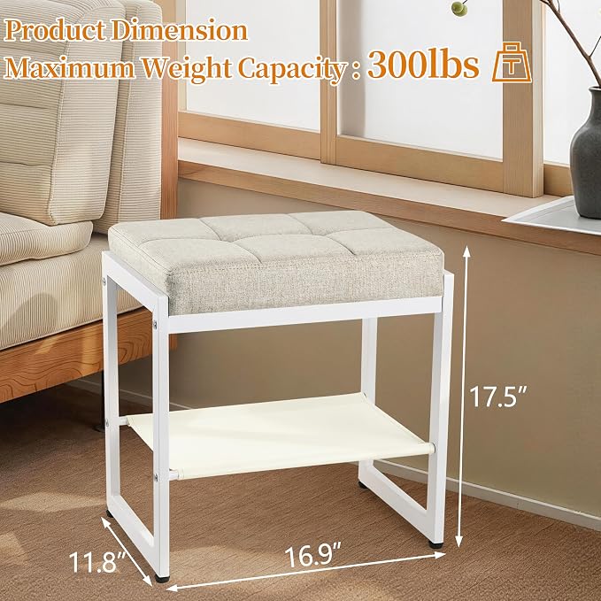 Vanity Stool, Vanity Chair Stools with a Lower Storage Shelf, Square Linen Upholstered Ottoman Bench for Bedroom, Living Room, Small Modern Metal Legs Makeup Chairs, Linen Beige&White