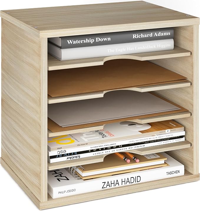 Ballucci 5-Tier File Organizer for Desk, Mail Sorter, Office Desk Organization, Paper Storage Organizers, Folder Holder for Desk, Letter Trays & Stacking Supports, Brushed Wood