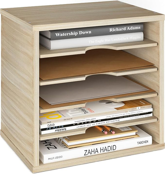 Ballucci 5-Tier File Organizer for Desk, Mail Sorter, Office Desk Organization, Paper Storage Organizers, Folder Holder for Desk, Letter Trays & Stacking Supports, Brushed Wood