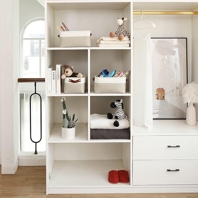 OrganiHaus 12x8in Canvas Storage Baskets, 3 Pack - Fabric Bins for Shelves | Vegan leather handles; a decorative pantry and office organizer, container for desk and books