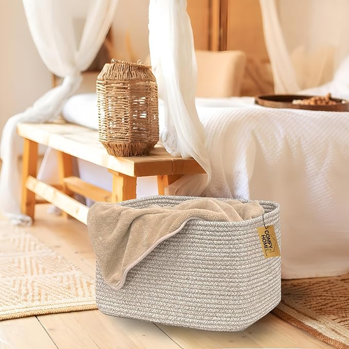 COMFY-HOMI Cotton Rope Woven Basket with Handles for Shelves,Toys,Book, Cloth Storage Baskets Bin for Organizing- 1 PCSToy Decorative Organizer for Living Room, Bathroom