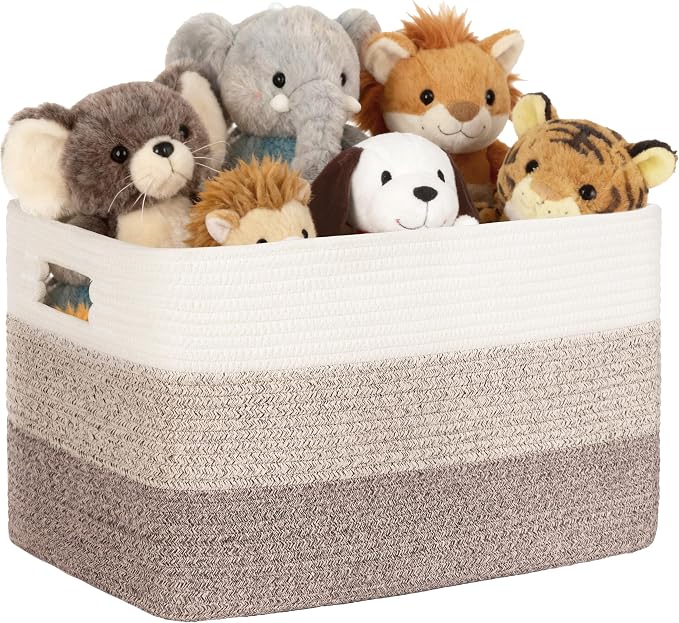 60L Woven Laundry Basket Hamper with Handles, Gradient Brown | collapsible wicker hamper, storage for dirty clothes, toys, blankets, gifts, living room, bedroom, bathroom, 21"x15"x11"