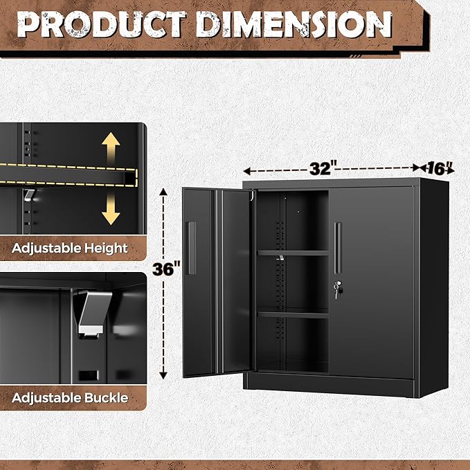 INTERGREAT Metal Storage Cabinet with Locking Doors, Lockable Steel Storage Cabinets with 2 Doors and Shelves, Black Metal Cabinets with Lock, Small Steel Cabinet for Office, Garage, Home, Shop