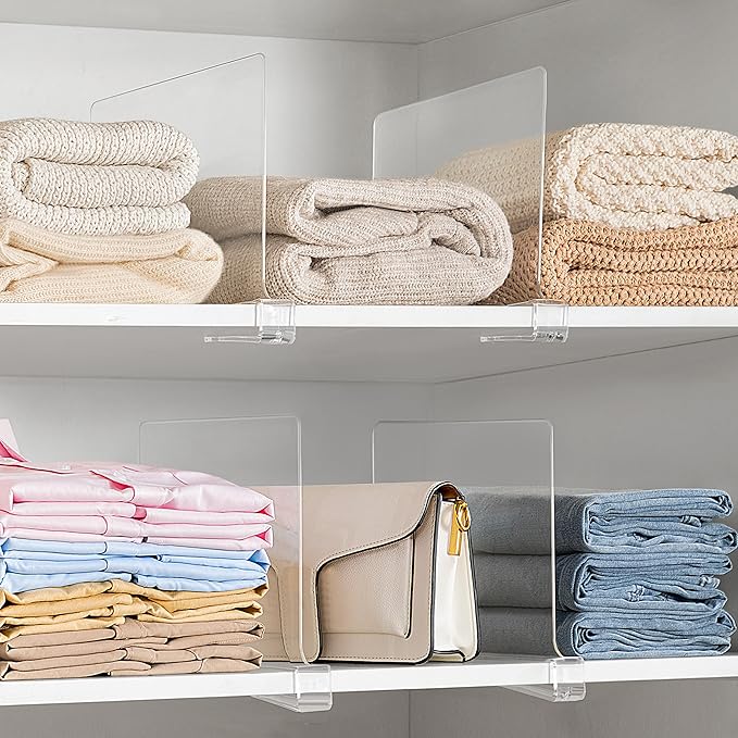 HBlife 12 Inches Tall [Extra Tall Version] Clear Shelf Dividers, 6 Pack Purse Organizer for Closet Perfect for Sweater, Shirts, Handbags, Acrylic Adjustable Bookshelf for Organization