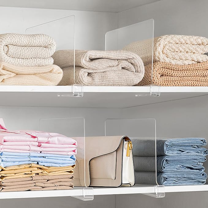 HBlife 5 Pack Clear Shelf Dividers, Vertical Purse Organizer for Closet Perfect for Sweater, Shirts, Handbags in Bedroom and Kitchen, Adjustable Acrylic Bookshelf for Organization
