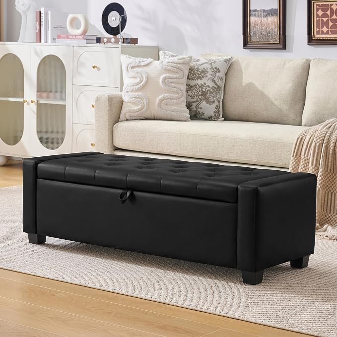 Huatean Home 48" Ottoman with Storage, Light Black Storage Ottoman Bench | Upholstered Entryway Bench with Seating for Bedroom, Living Room with Safety Hinge, Holds up to 330 lb
