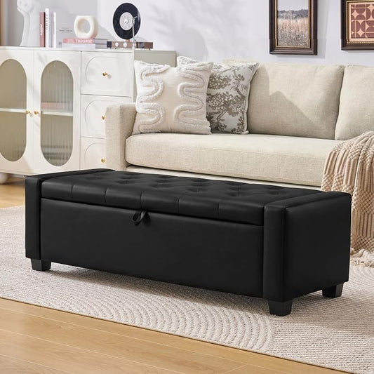 Huatean Home 48" Ottoman with Storage, Light Black Storage Ottoman Bench | Upholstered Entryway Bench with Seating for Bedroom, Living Room with Safety Hinge, Holds up to 330 lb