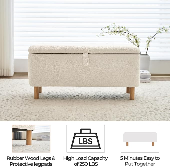 Boucle Storage Ottoman Bench for Bedroom end of Bed, Sherpa Upholstered Shoe Seat Storage Bench for Entryway Bed Foot, Rectangle Cushion Padded Blanket Chest Cute for Living Room, White