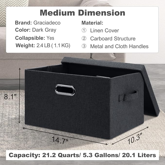 Graciadeco Medium 15" 21 Quart Collapsible Stackable Storage Bins with Lids, 3 Packs Dark Grey Foldable Fabric Closet Boxes Heavy-duty Linen Cube Baskets Container for Bedroom Office (15 x 11 x 8) | 21 Quart 3 Pack Dark Gray Collapsible Stackable Linen...