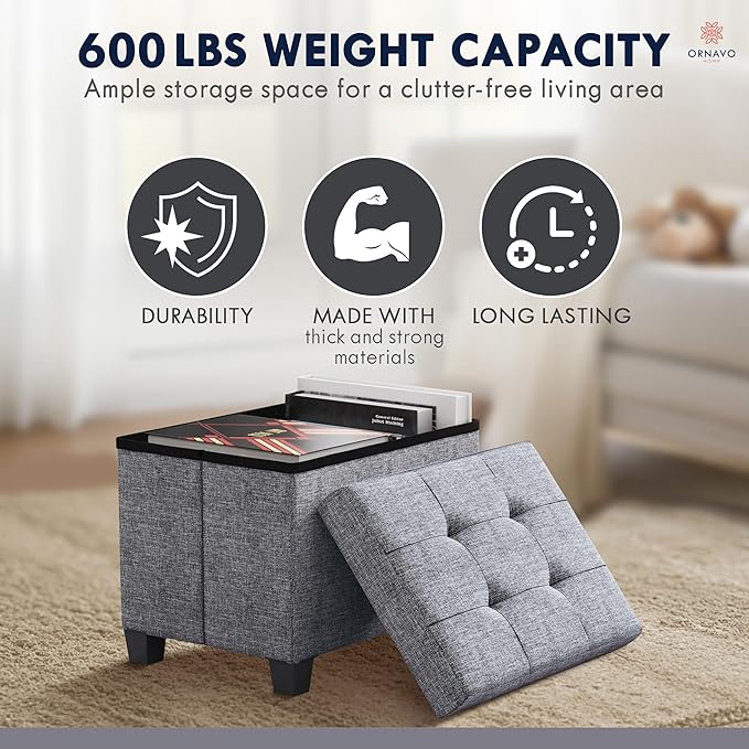 Ornavo Home Small Rectangle Storage Ottoman with Legs, 12x16x12, Gray | Foot Rest Stool Seat; Holds Up to 600 lbs; Ideal for Living Room, Bedroom, Home Office or Dorm