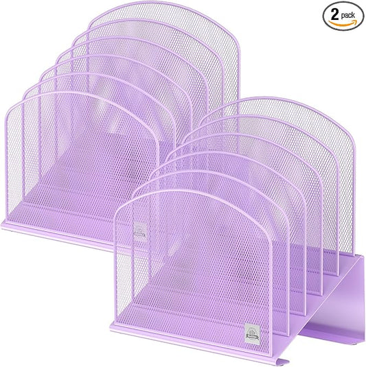 Delifox Inclined Desk File Organizer,Vertical File Folder Holder Stand Metal Rack File Sorter for Office Classroom Desktop Organization (2, Purple, 5)