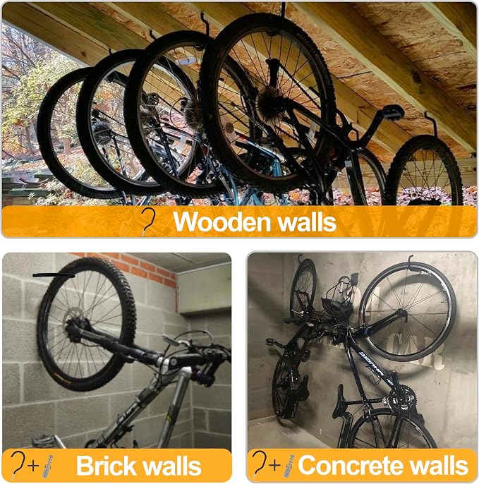 Road Bike Hooks for Garage Wall, 6 Pack Heavy Duty Bicycle Hangers for Hanging, Wall Mount Bicycle Storage for Ceilings, No Drill Large Ceiling Hooks for Hanging Plants