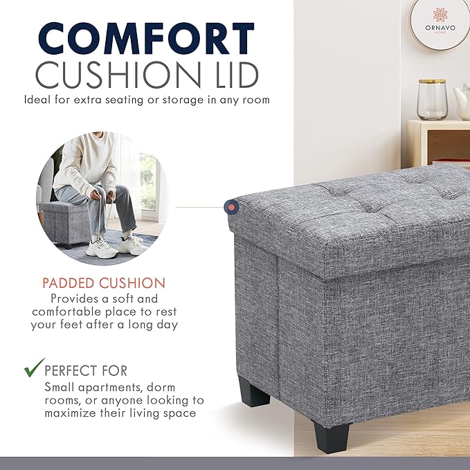 Ornavo Home Small Rectangle Storage Ottoman with Legs, 12x16x12, Gray | Foot Rest Stool Seat; Holds Up to 600 lbs; Ideal for Living Room, Bedroom, Home Office or Dorm