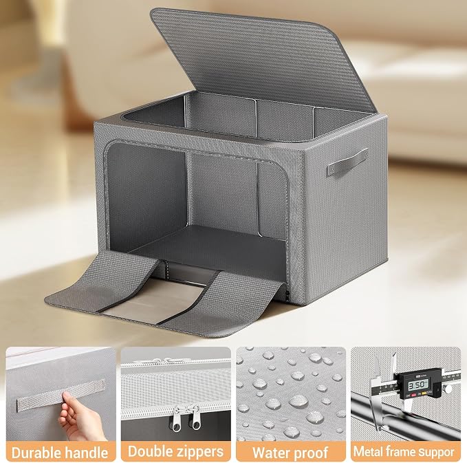 Clothes Storage Bins with Metal Frame, Foldable Clothes Organizers Storage Containers for Clothes, Sheets, Blankets, Pillows and Towels （66L, 3 Pack, Deep Grey
