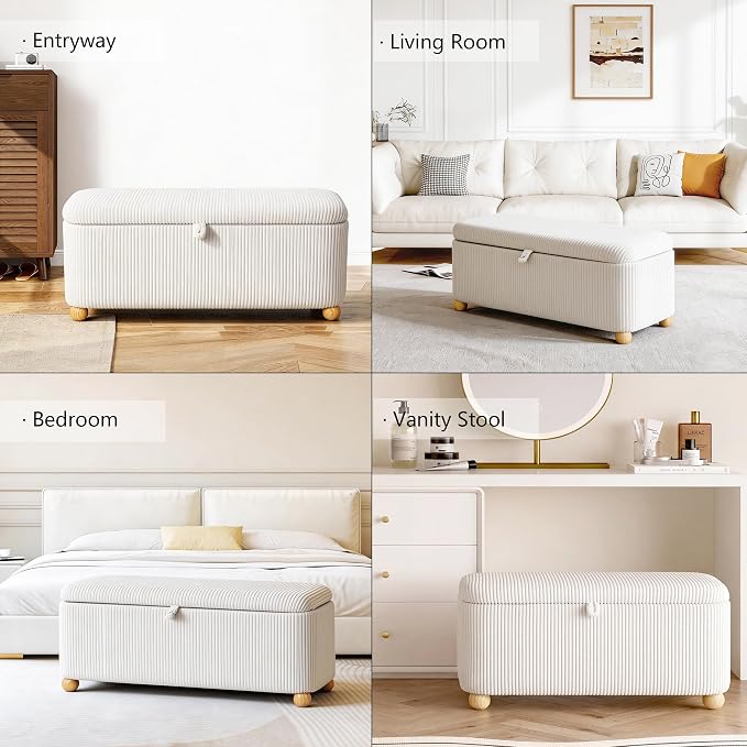 Homebeez 39” Corduroy Storage Ottoman Bench with Hinged Lid & Handle | End of Bed Storage Bench with Wood Ball Legs, for Kids Room, Bedroom, Entryway & Living Room, (White)