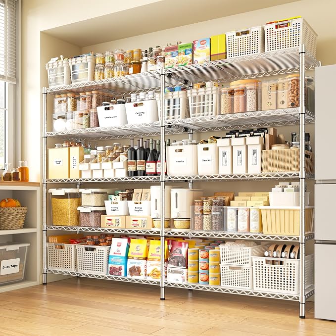 REIBII Chrome Metal Shelving, 70" W & 1500LBS Heavy Duty for Kitchen | L/H Shaped Shelves, Adjustable Metal Shelves, 5 Tier Freestanding, Anti-Tipping Device, Moisture Resistant, Leveling feet