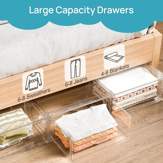 Vtopmart 3 Pack Large Clear Stackable Storage Drawers 23QT | Easily Assemble Plastic Closet Storage Bins, Dust-Proof UnderBed Organizer for Clothing, Sweater Organization