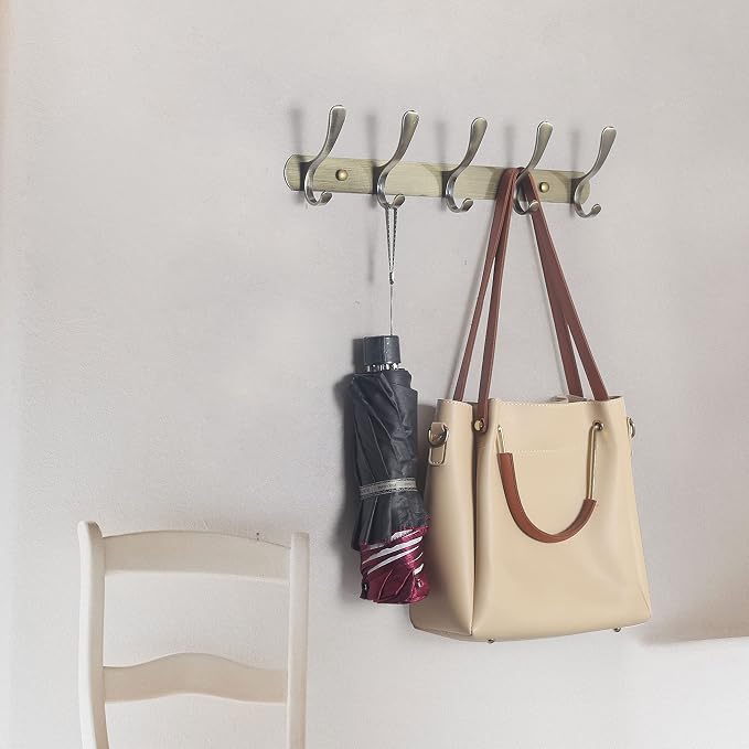 SKOLOO Modern Metal Wall Coat Rack with 5 Hooks, Sturdy Wall Hook Rack for Hanging Jacket, Clothes, Hat, Bronze