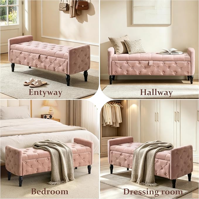 Royal Windsor 48" Ottoman with Storage,Tufted Storage Bench with Safety Hinge,Holds up to 350 lb,Black Wood Legs,Upholstered Bench with Arms for Bedroom,Living Room,Entryway,Linen Pink