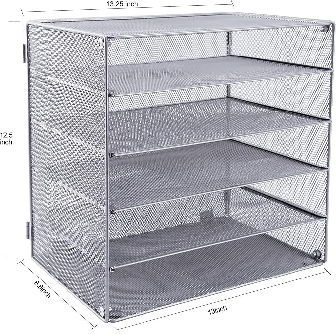 5 Slot Mesh Desk Organizer Tray, File Paper Letter Folder Holder Desktop Paper Sorter Mail Organization Rack Storage Accessories, for Office Home School Classroom, Silver