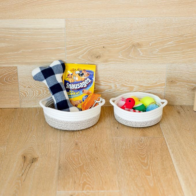 NaturalCozy 5-Piece Round Woven Cotton Rope Storage Baskets for Organizing, Small Shallow Nesting Set for Montessori Toys, Entryway Catchall, Fruit Bowl, Key Tray, Remote Holder, Nursery & Pet Toys