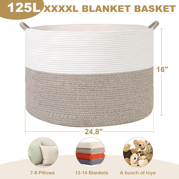 XXXXL 125L Extra Large Blanket Basket, 24.8" x 16" Jumbo Woven Basket (Includes 2 Cute Baskets), Cotton Rope Basket with Handle for Living Room, Baby Toys Nursery, Laundry, Home Decor (White/Brown)