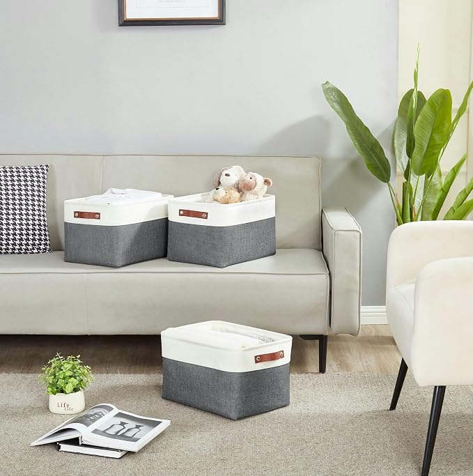 DECOMOMO Storage Bins, Extra Large Fabric Storage Baskets for Shelves 3Pack | 15.8 x 12.5 x 10 inches Decorative Linen Closet Organizers (Slate Grey & White)
